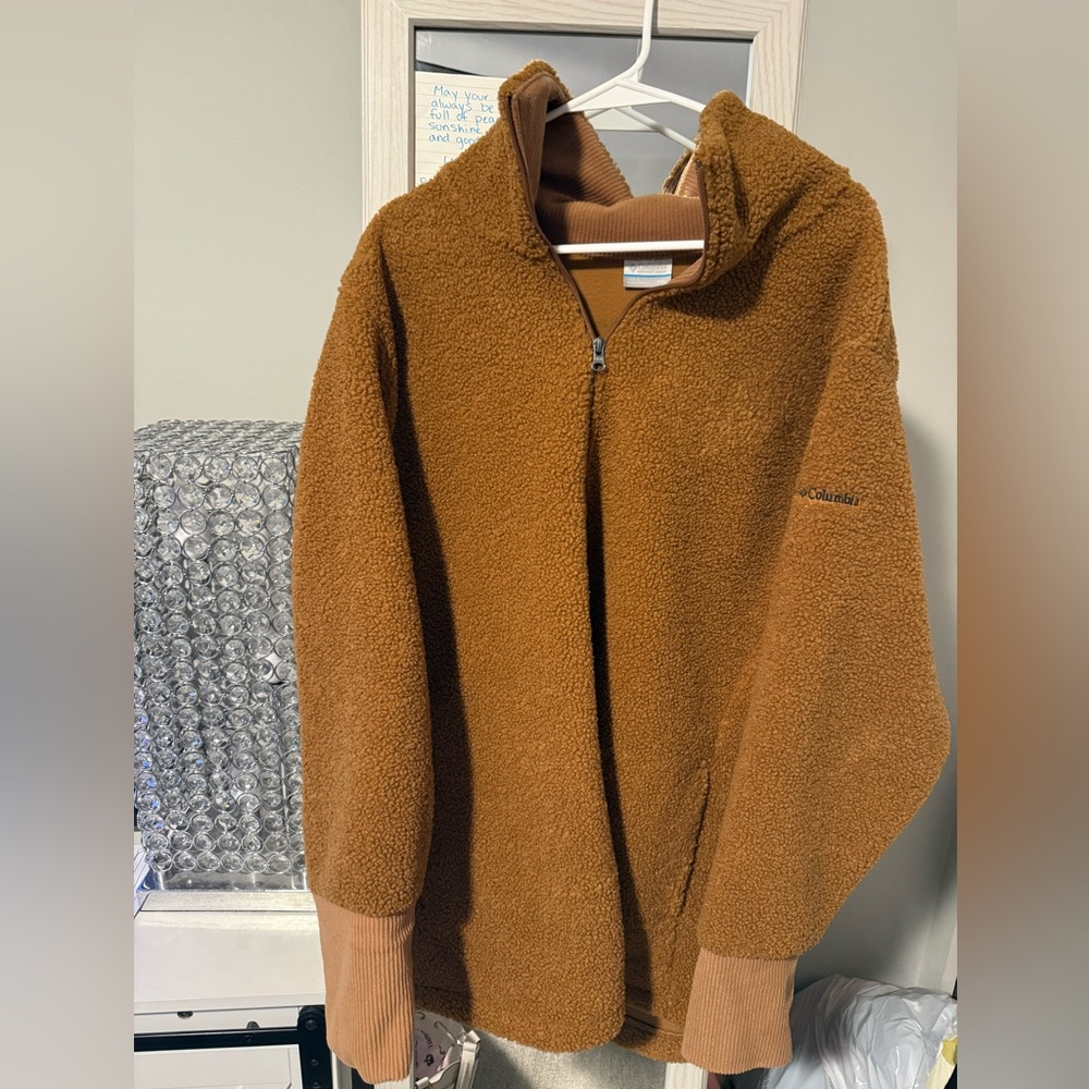 Columbia Teddy Fleece Jacket Brown Sherpa Quarter Zip Women’s XXL Cozy Pullover